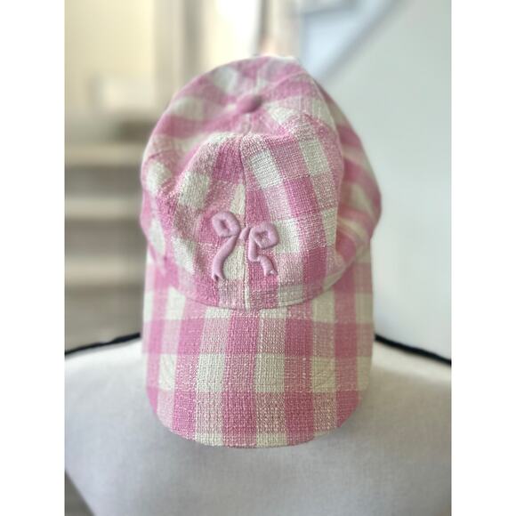 Pink & White Gingham Embroidered Bow Baseball Hat - Picture 1 of 6